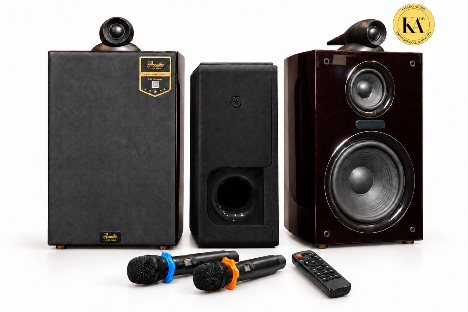 Ảnh minh họa bộ loa Acoustic A28-G và sub điện Yamaha, kèm hai micro không dây và điều khiển