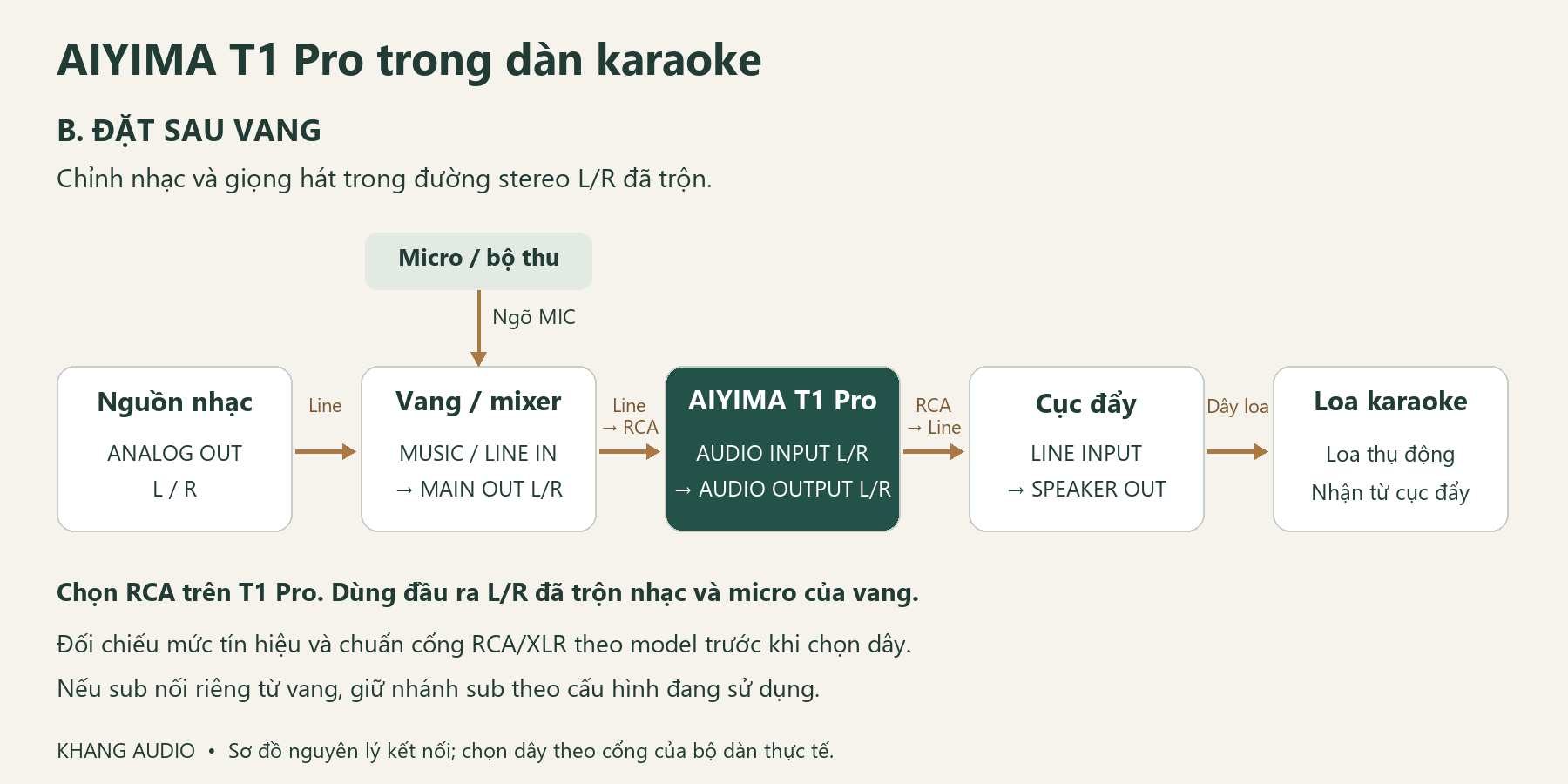 Sơ đồ đặt AIYIMA T1 Pro sau đầu ra stereo L/R của vang v&agrave; trước cục đẩy