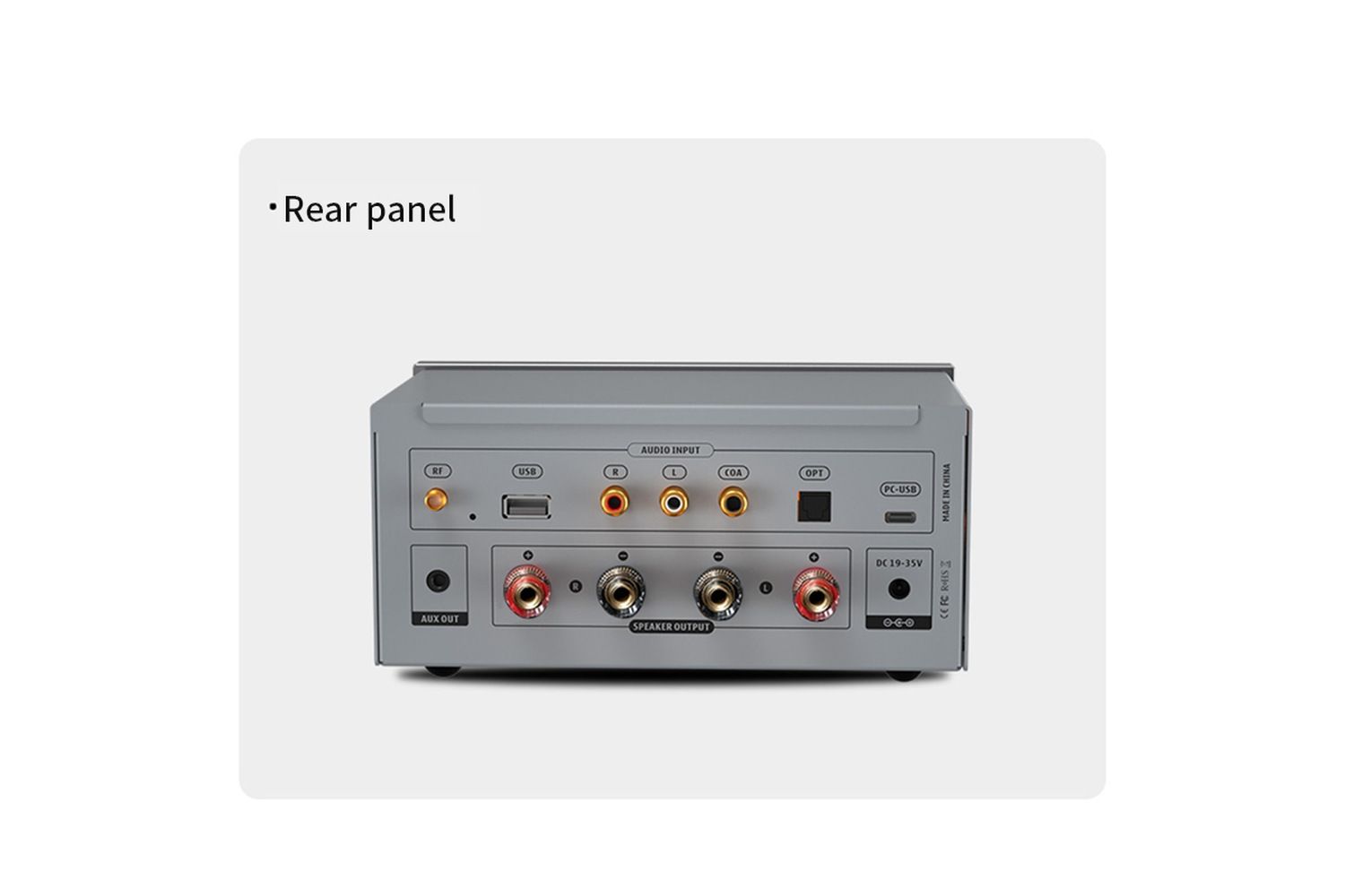 Các cổng RCA, Optical, Coaxial, USB-C và cọc loa ở mặt sau SUCA X10