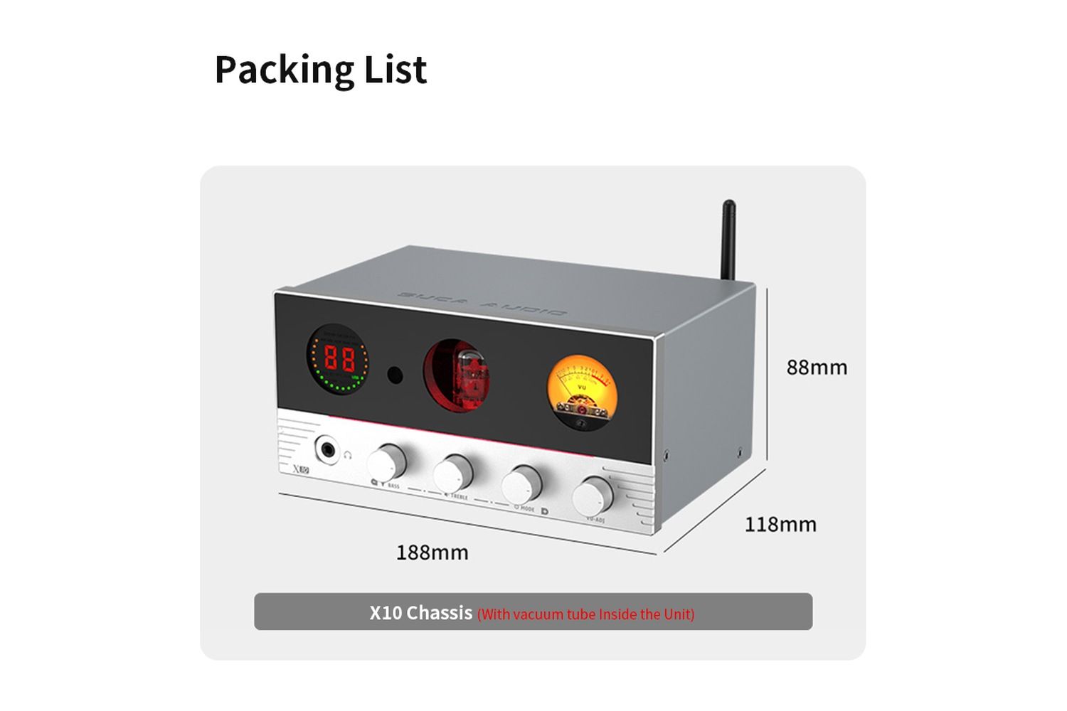 Kích thước Amply Suca Audio X10 rộng 188 cao 88 sâu 118 mm