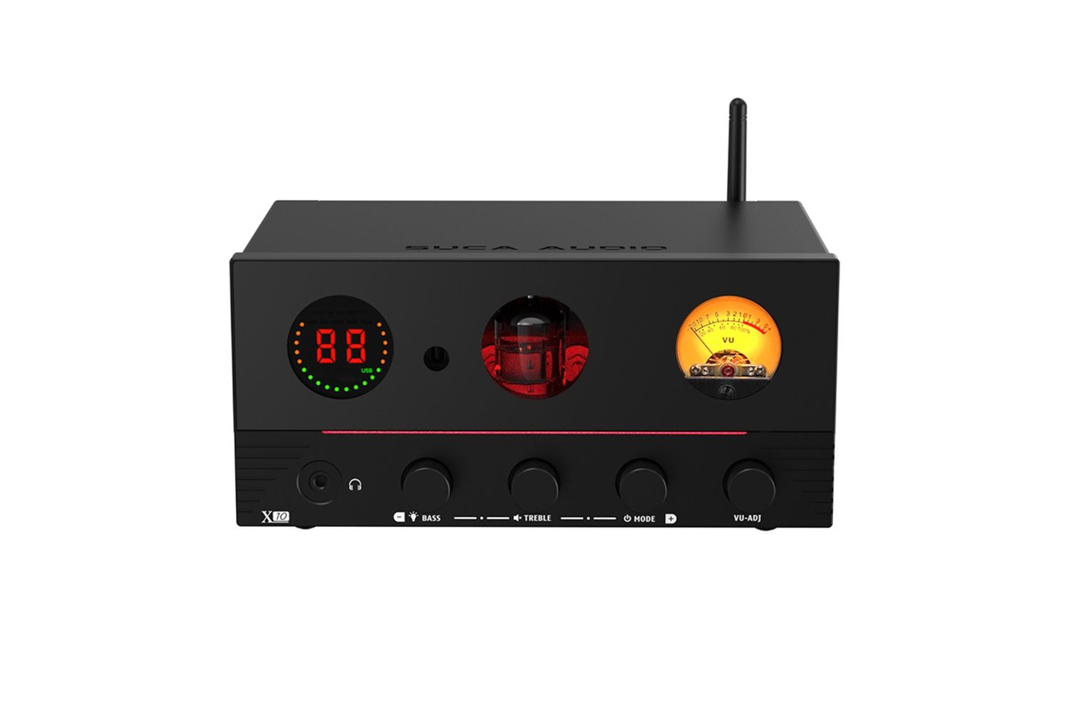 Mặt trước Amply Suca Audio X10 với bóng ECC83 và đồng hồ VU